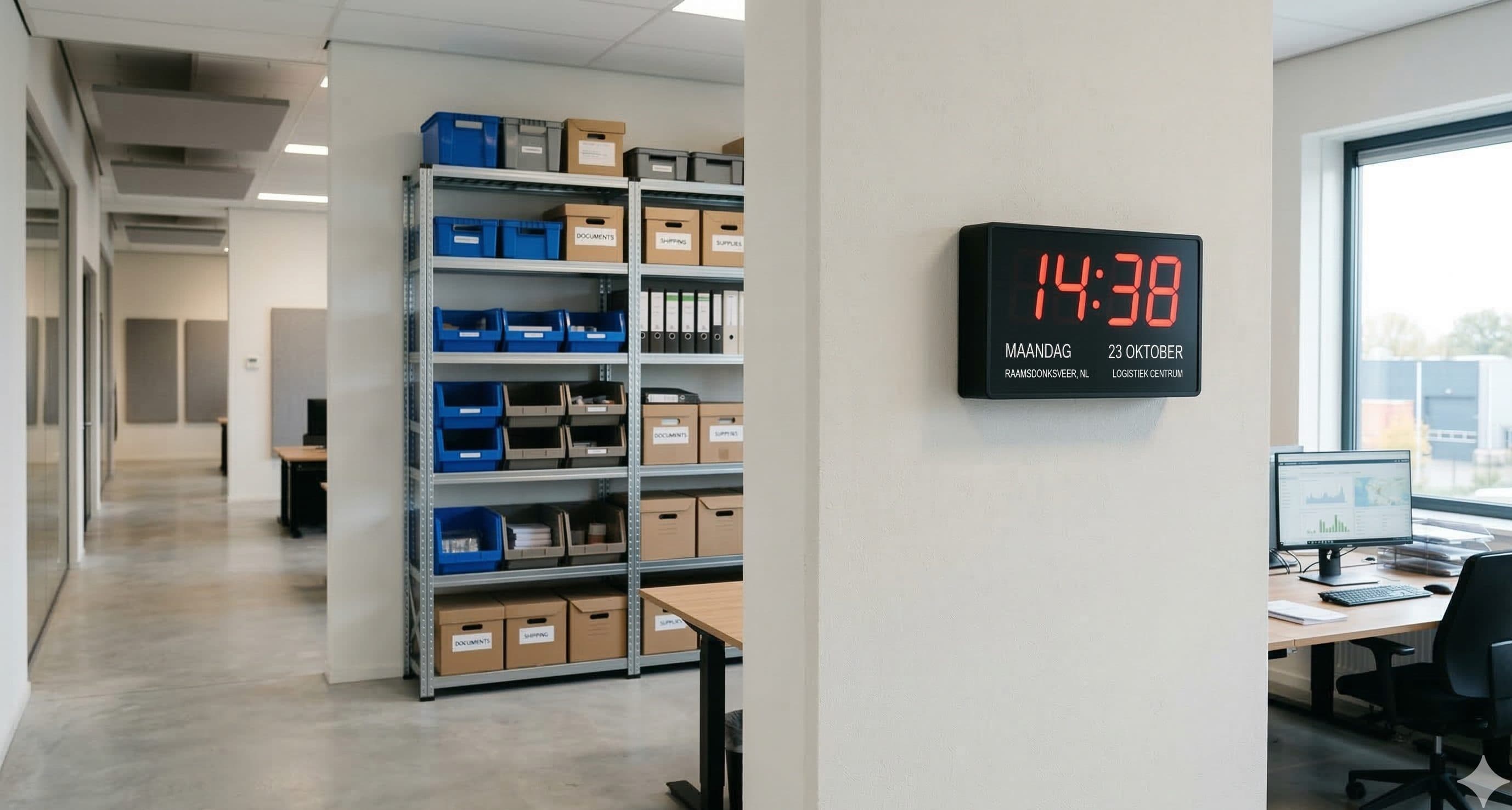 Kantoor en magazijn met digitale klok
