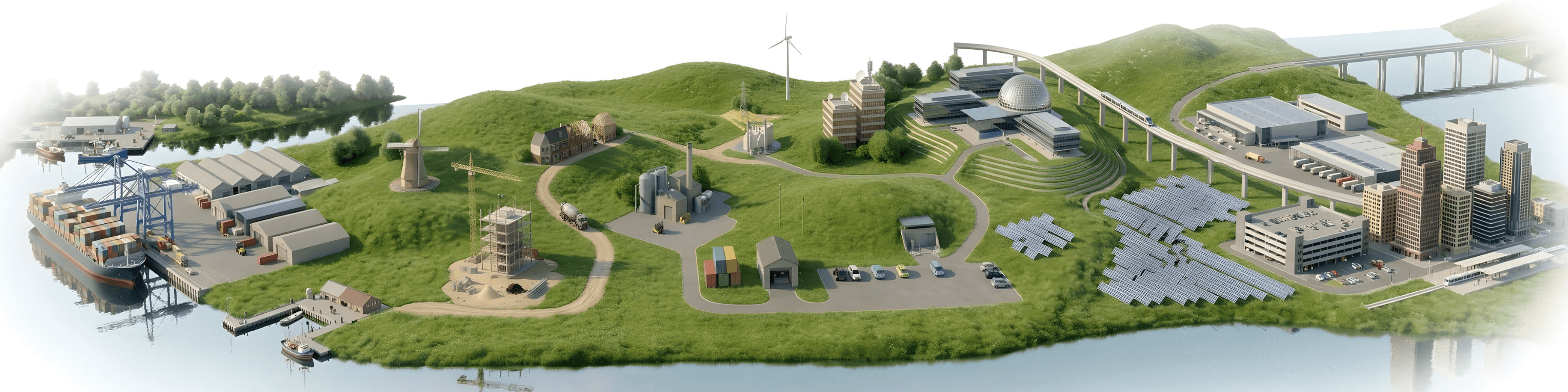 Nederlands polderlandschap met bouw, industrie en techniek — de sectoren waarin Wave AI Solutions actief is